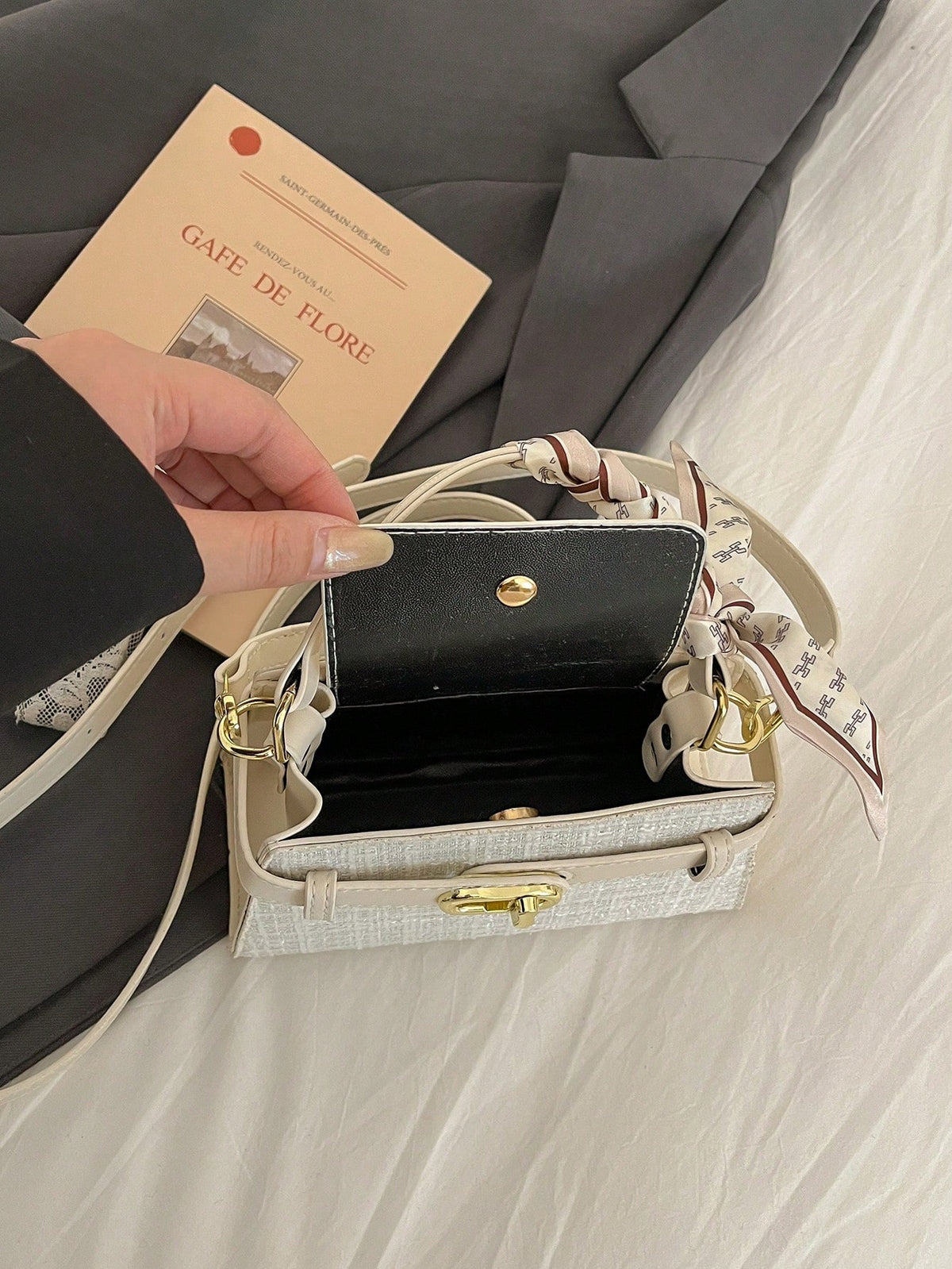 Women's Square Handbag Scarf Buckle Crossbody Mini Bag White