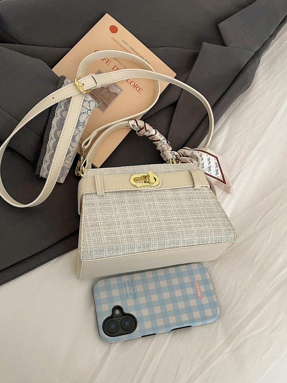 Women's Square Handbag Scarf Buckle Crossbody Mini Bag White
