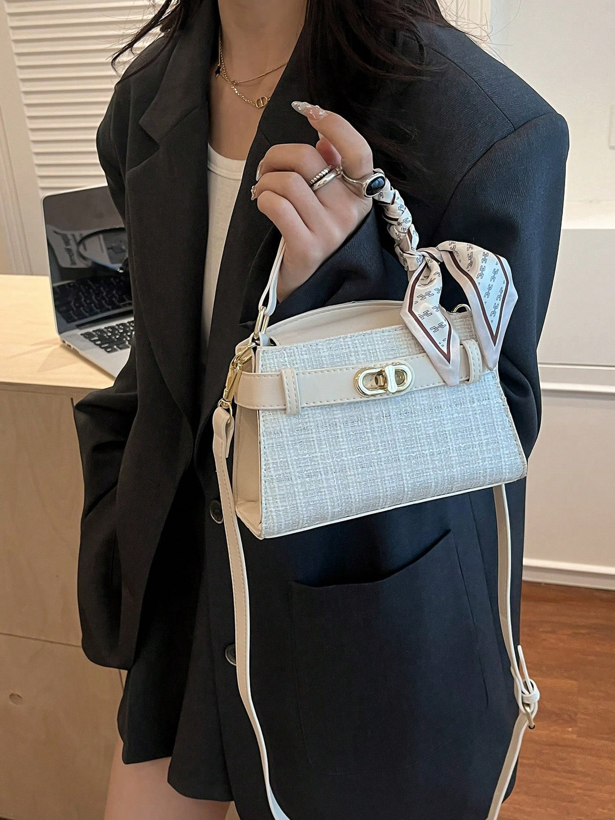 Women's Square Handbag Scarf Buckle Crossbody Mini Bag White