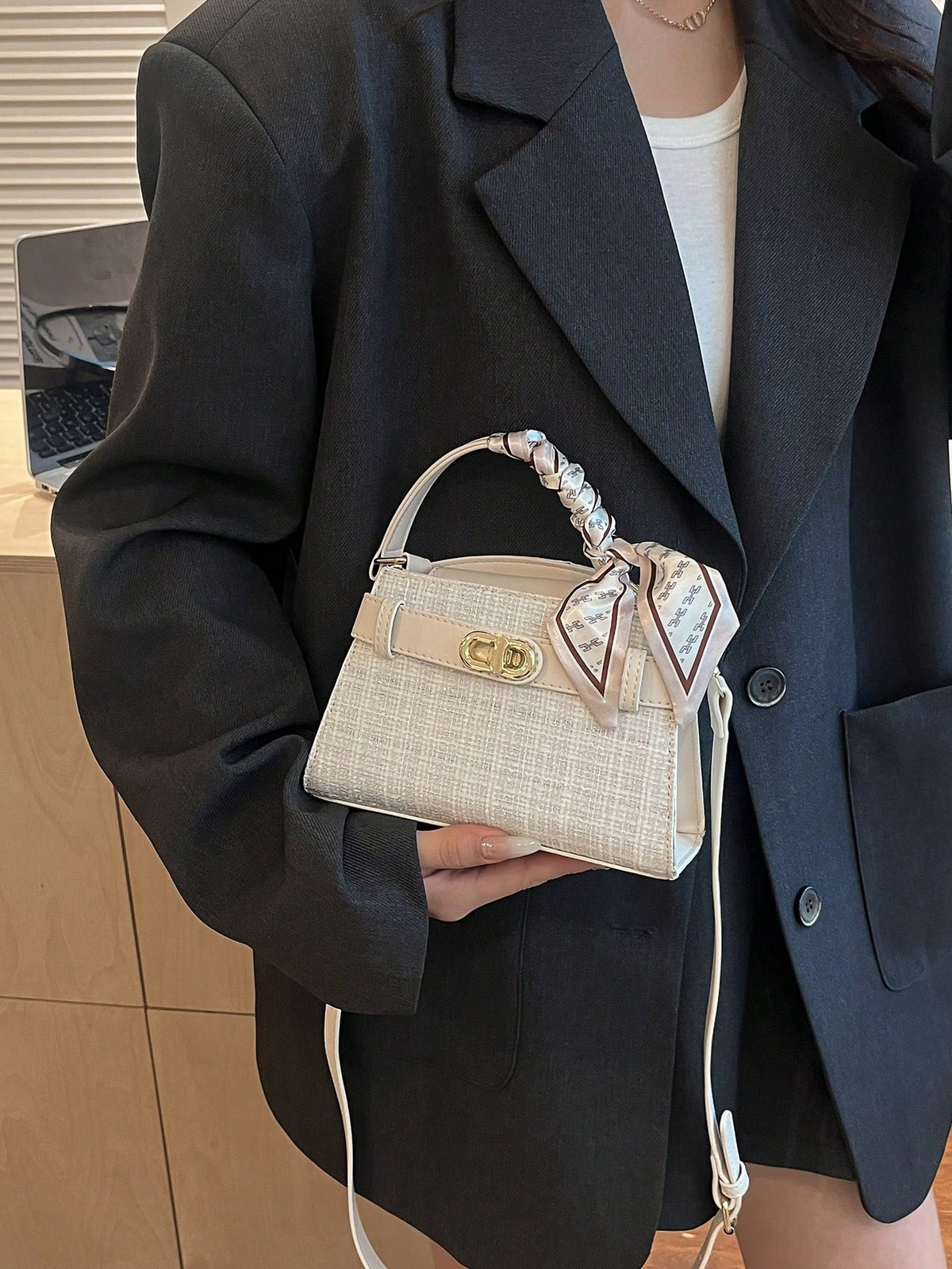 Women's Square Handbag Scarf Buckle Crossbody Mini Bag White