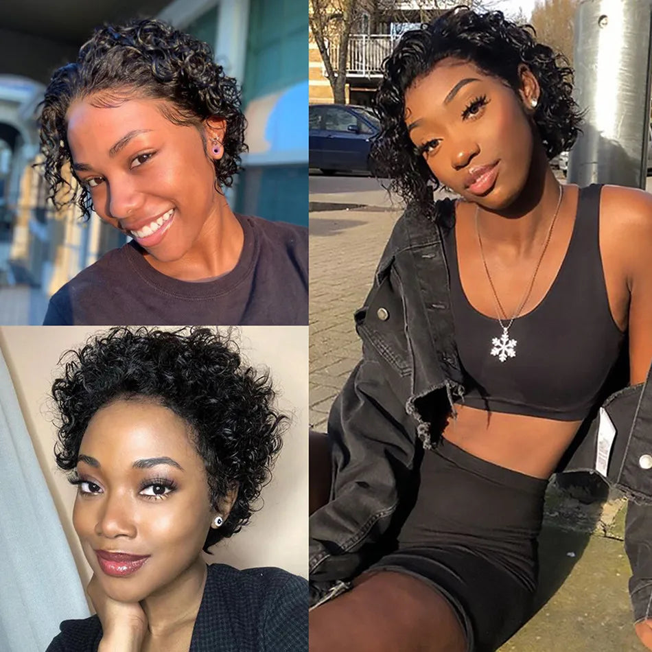 Short Curly Pixie Cut Lace Front Human Hair Wig for Women