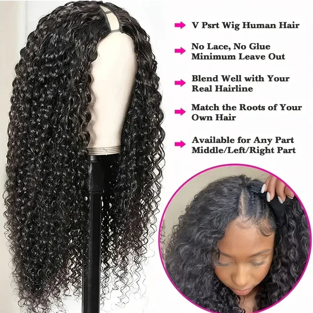 Kinky Curly V Part Human Hair Wig for Women