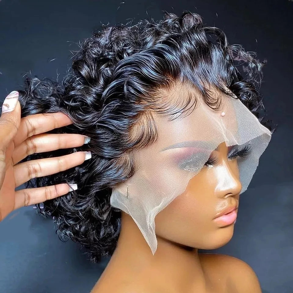 Short Curly Pixie Cut Lace Front Human Hair Wig for Women